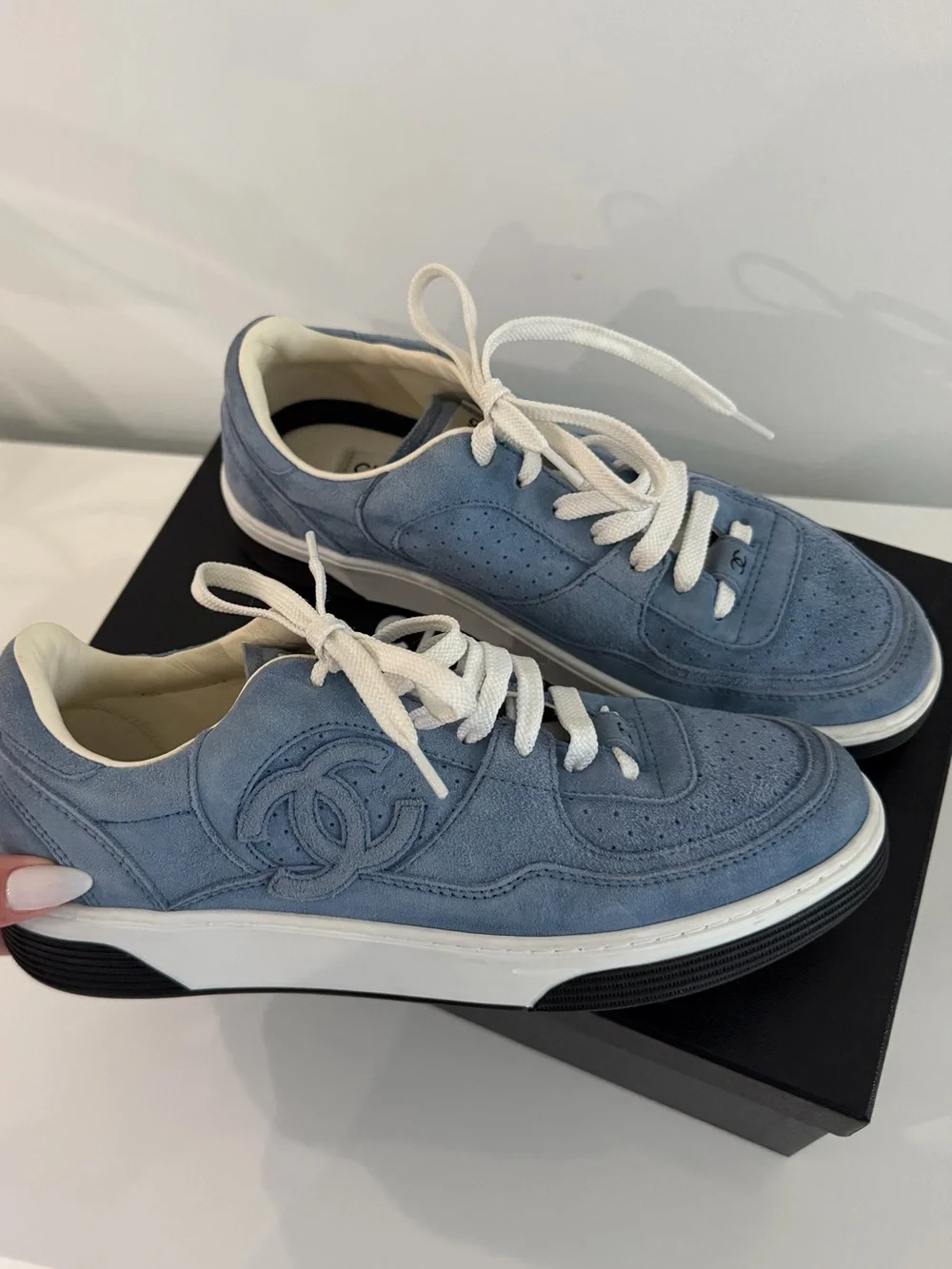 CHANEL Dusty Blue Suede Low-Top Sneakers with White Laces